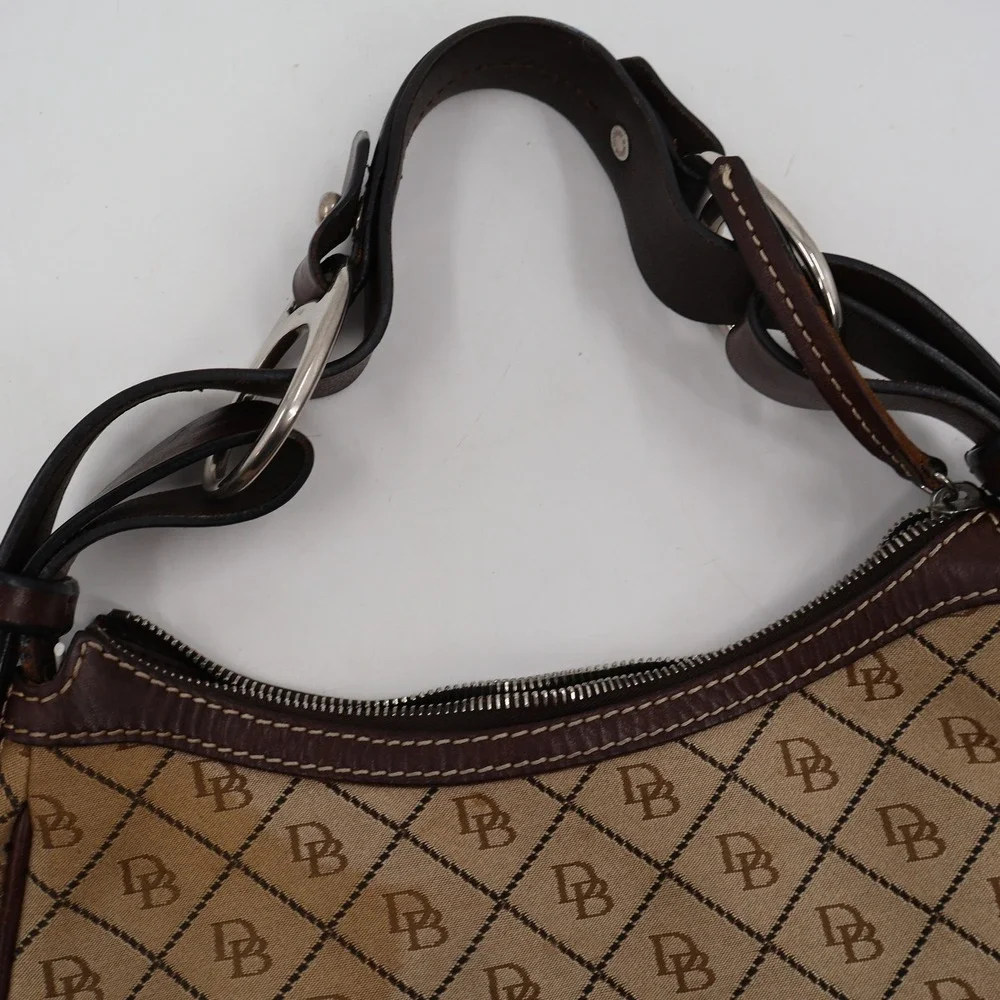 Dooney & Bourke Monogram Hobo Bag Womens Small Tan Brown Canvas Leather Vintage